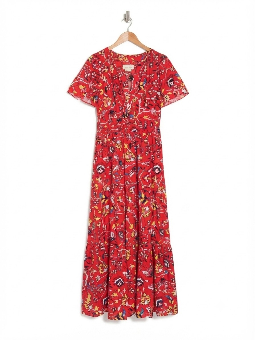 Anthropologie Red Floral V-Neck Maxi Dress Size M